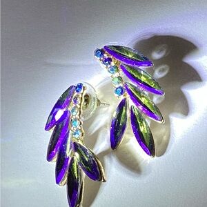 Purple and Green Crystal Leaf Cluster Earrings - Women Jewelry